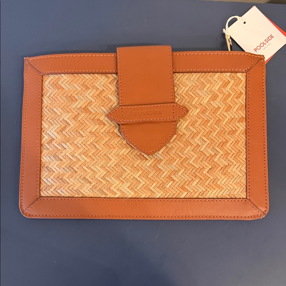 The Cannes" Straw and Leather Trim Clutch by Poolside NEW